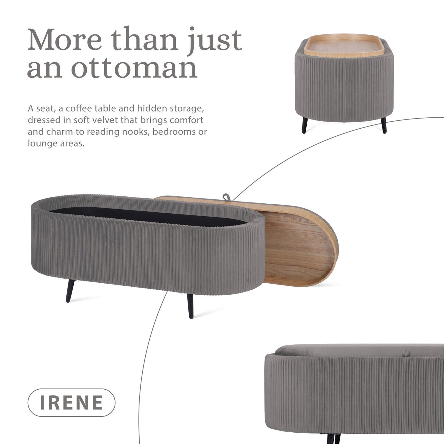 Coffee Table Storage Ottoman - Velvet Padded Blanket Box Bench IRENE GREY - Image 3