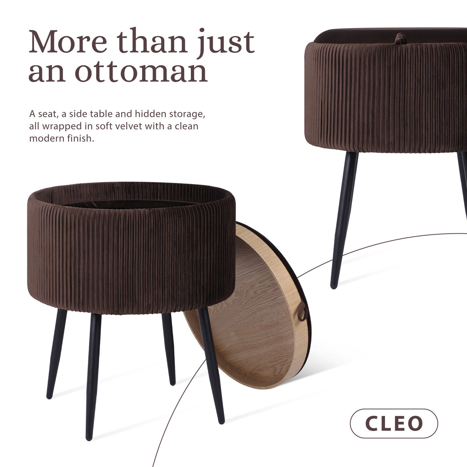 Side Table Storage Ottoman - Velvet Padded Stool Vanity Footstool CLEO BROWN - Image 3