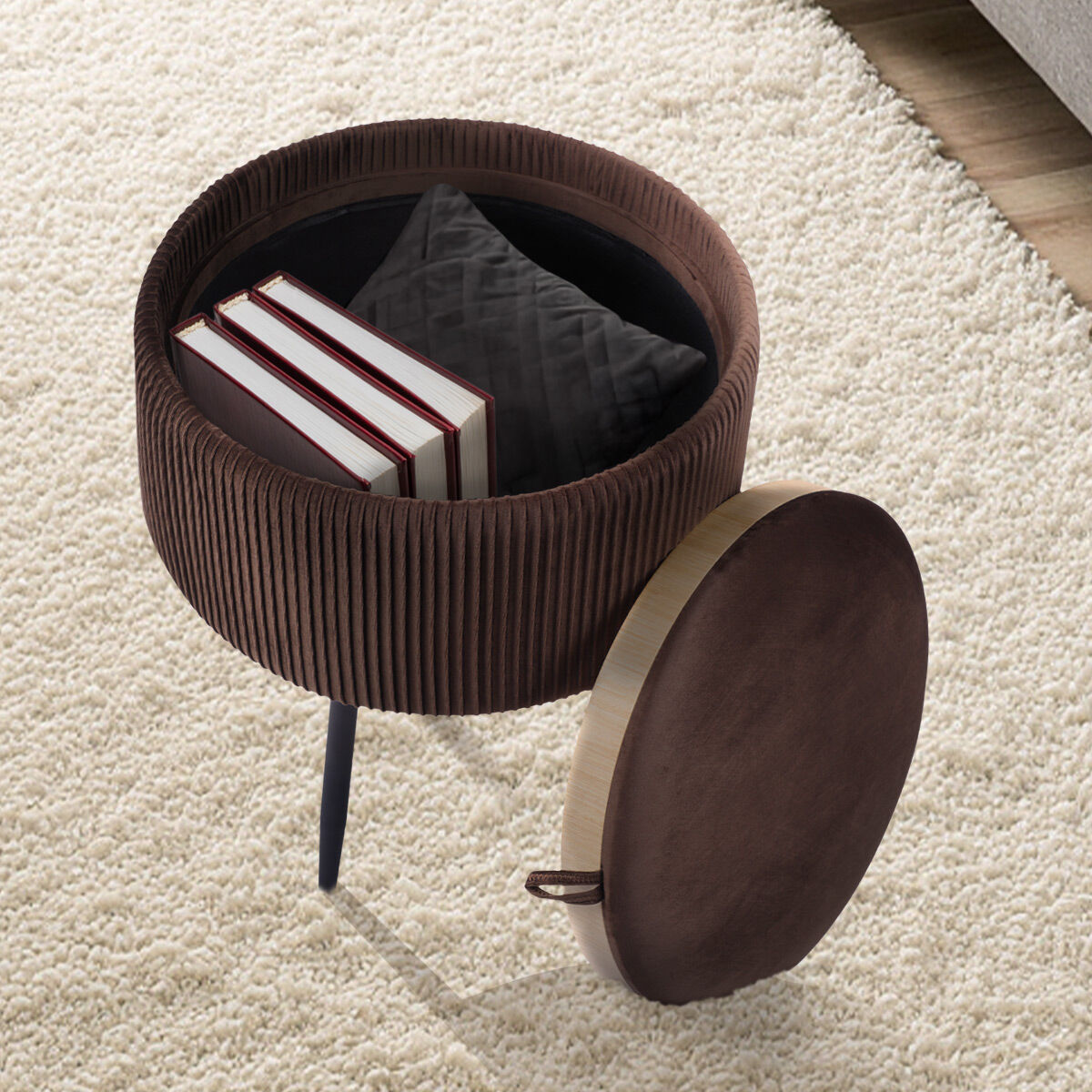 Side Table Storage Ottoman - Velvet Padded Stool Vanity Footstool CLEO BROWN - Image 5