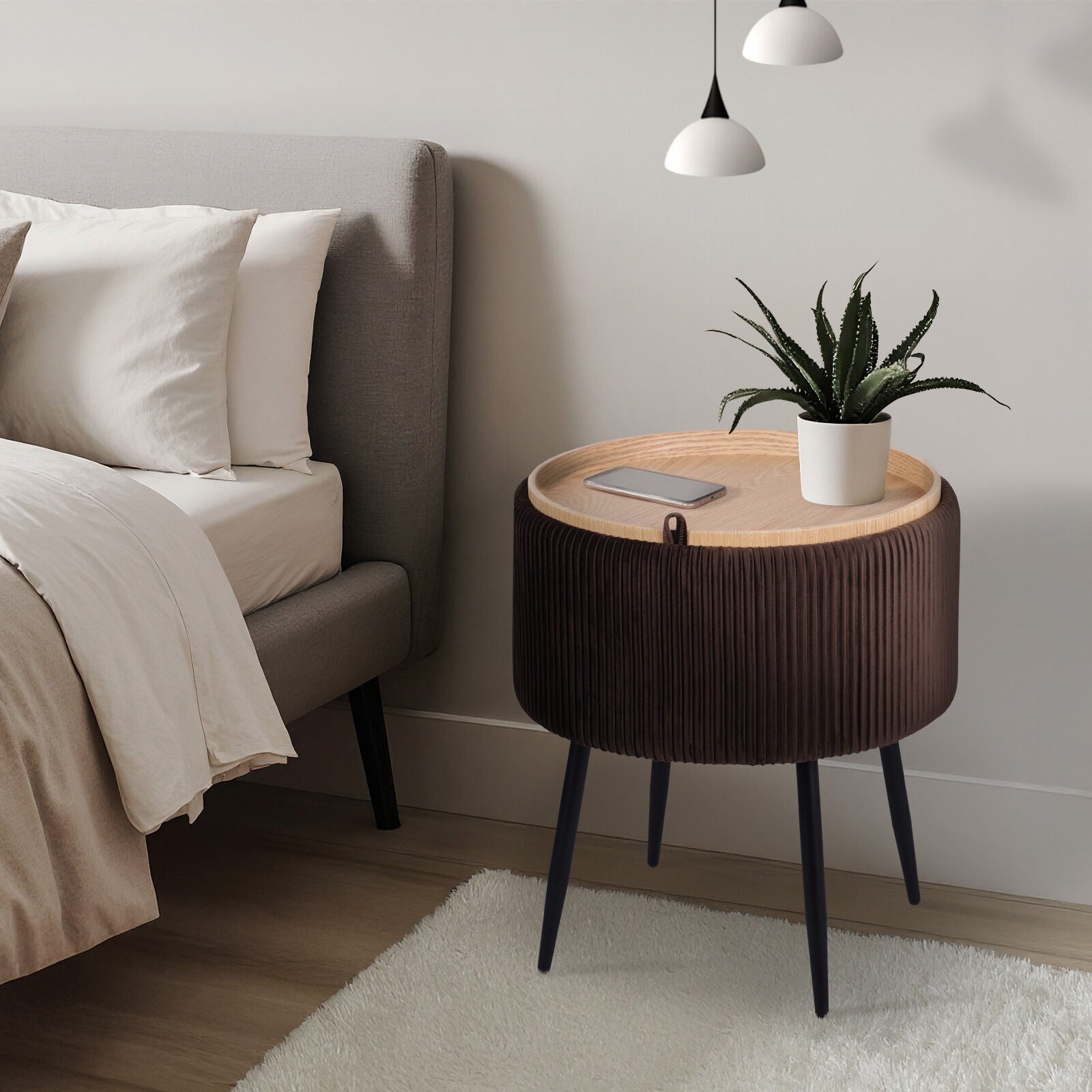 Side Table Storage Ottoman - Velvet Padded Stool Vanity Footstool CLEO BROWN - Image 6