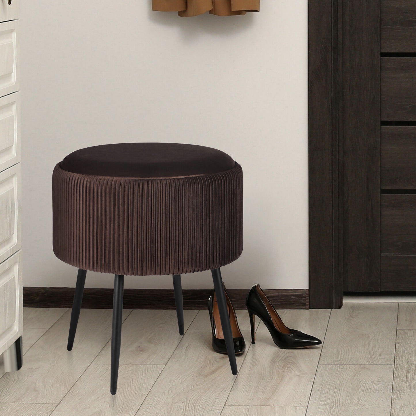Side Table Storage Ottoman - Velvet Padded Stool Vanity Footstool CLEO BROWN - Image 7