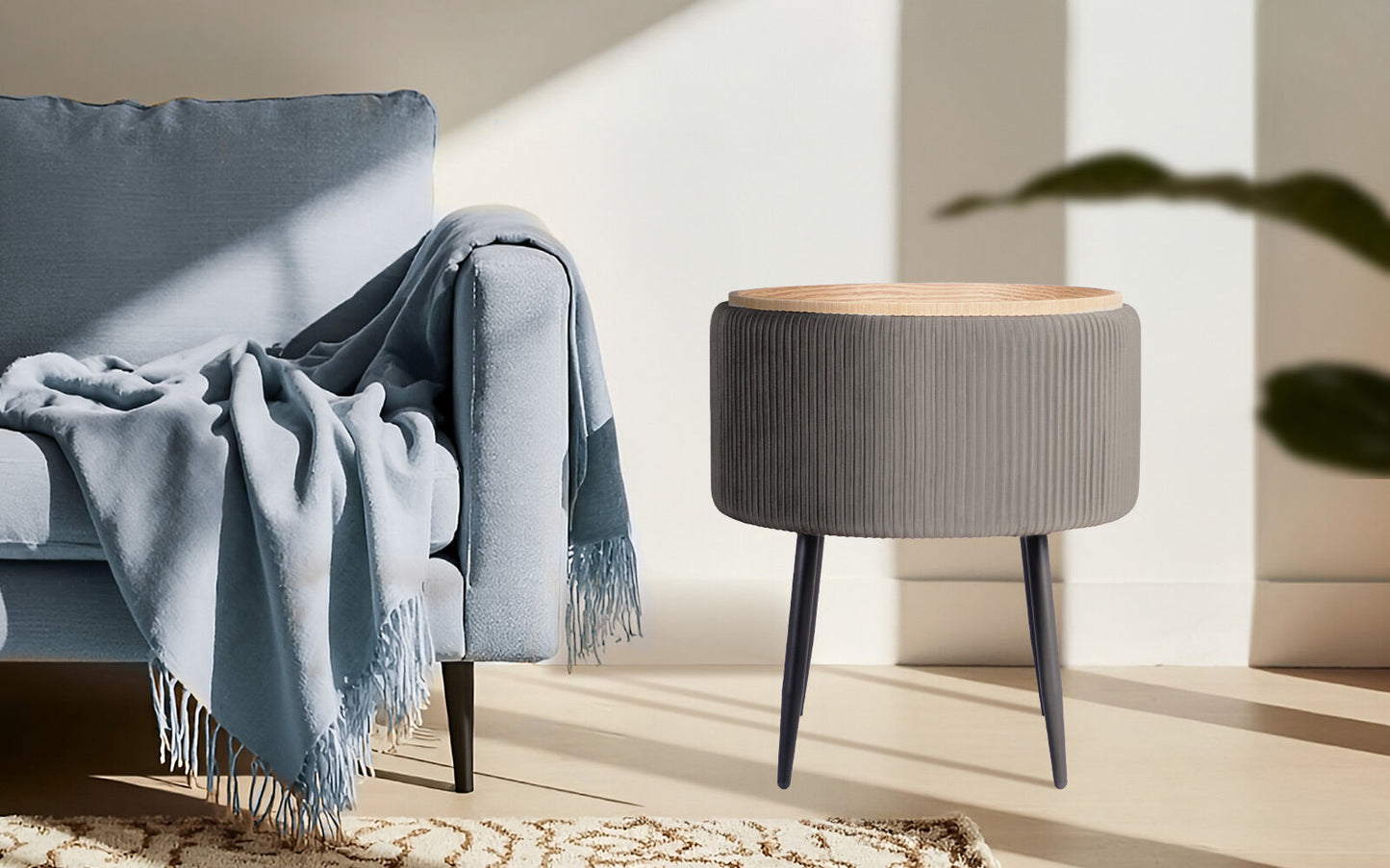 Side Table Storage Ottoman - Velvet Padded Stool Vanity Footstool CLEO GREY - Image 2