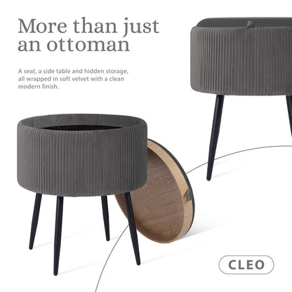 Side Table Storage Ottoman - Velvet Padded Stool Vanity Footstool CLEO GREY - Image 3