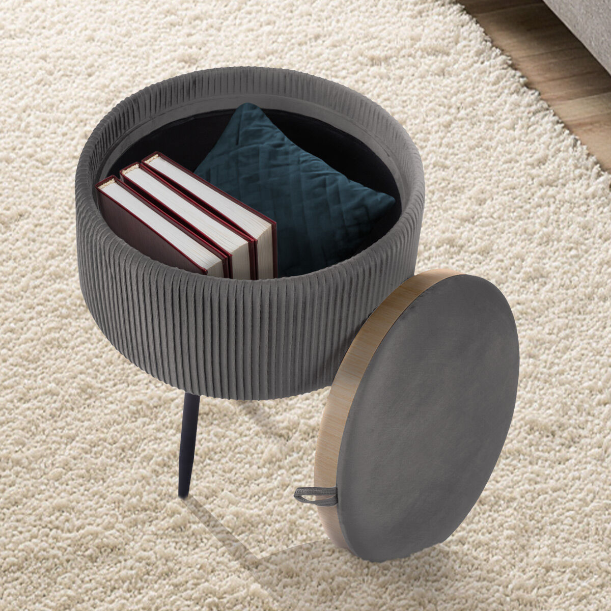 Side Table Storage Ottoman - Velvet Padded Stool Vanity Footstool CLEO GREY - Image 5