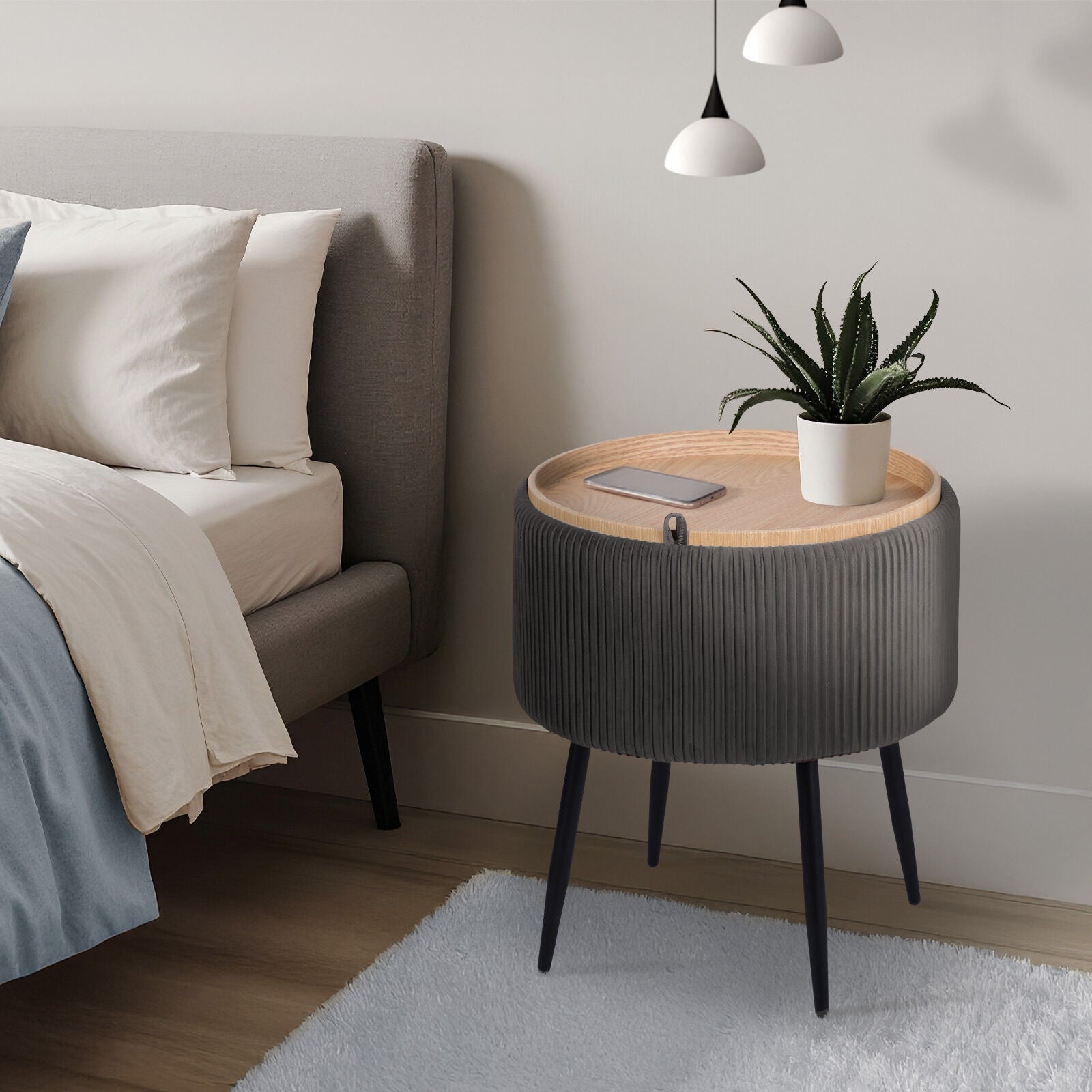 Side Table Storage Ottoman - Velvet Padded Stool Vanity Footstool CLEO GREY - Image 6
