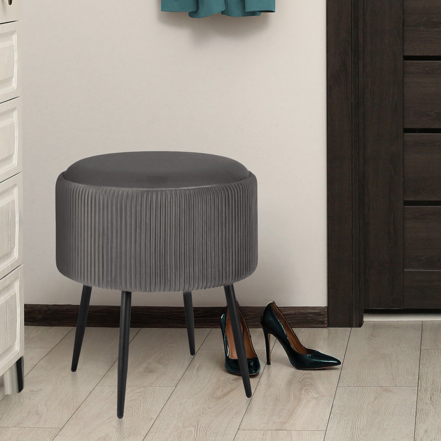 Side Table Storage Ottoman - Velvet Padded Stool Vanity Footstool CLEO GREY - Image 7