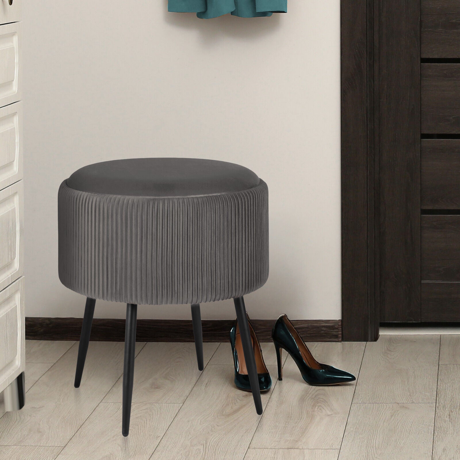 Side Table Storage Ottoman - Velvet Padded Stool Vanity Footstool CLEO GREY - Image 7