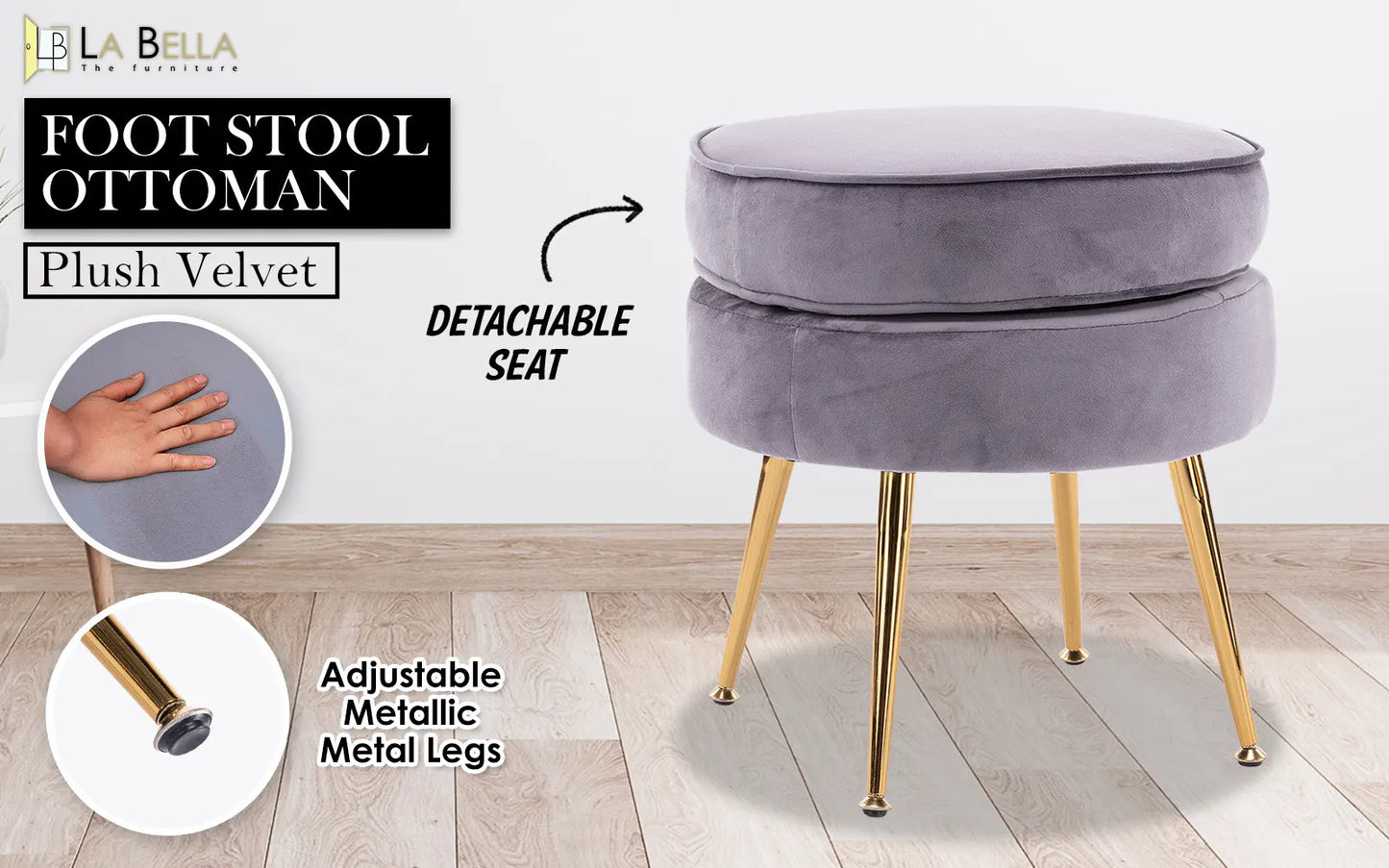 Ottoman Foot Stool Velvet Fabric Metal Leg Round GREY - Image 2
