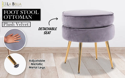 Ottoman Foot Stool Velvet Fabric Metal Leg Round GREY - Image 2