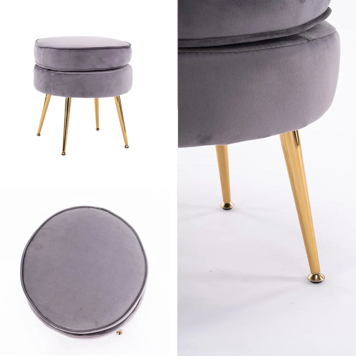 Ottoman Foot Stool Velvet Fabric Metal Leg Round GREY - Image 3
