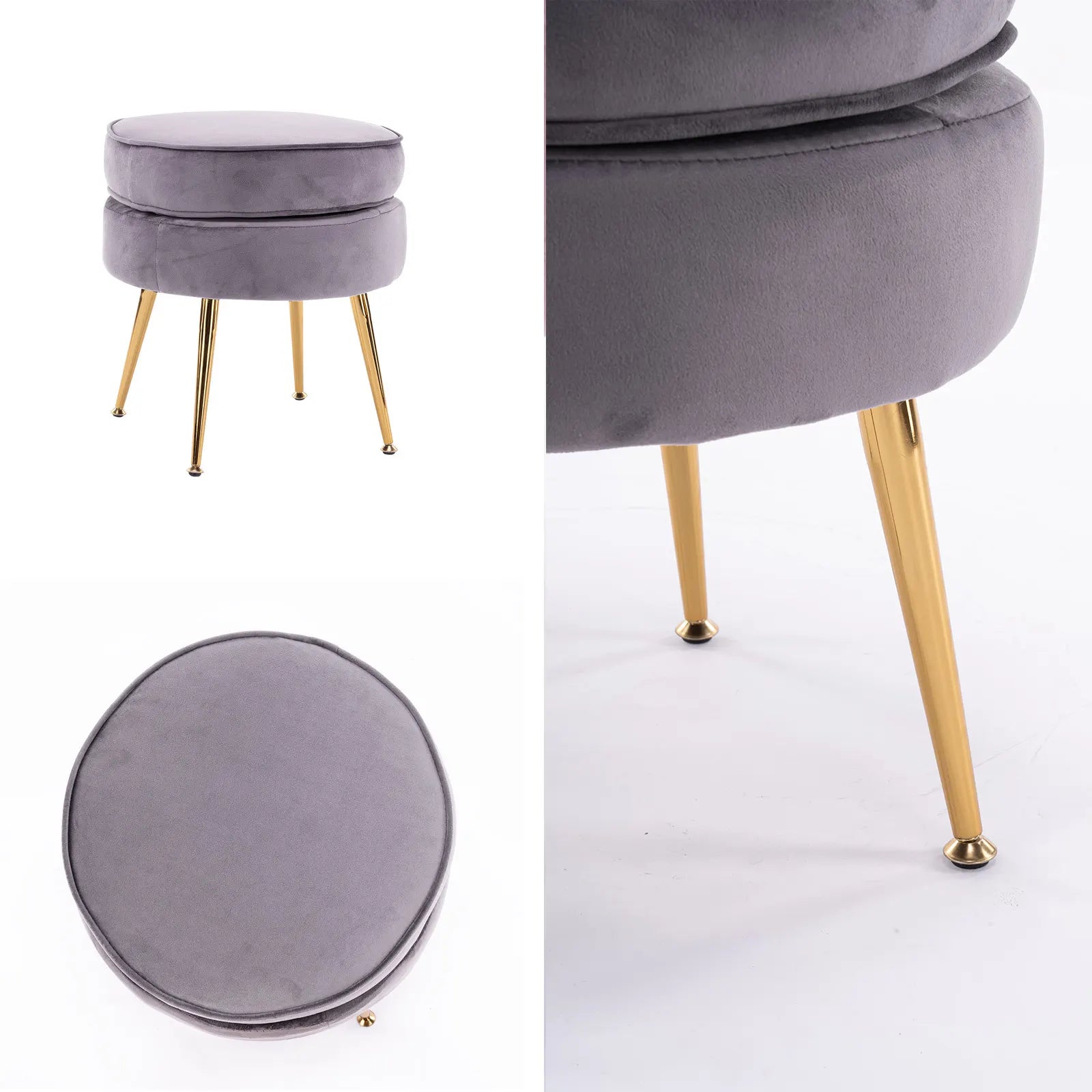 Ottoman Foot Stool Velvet Fabric Metal Leg Round GREY - Image 3