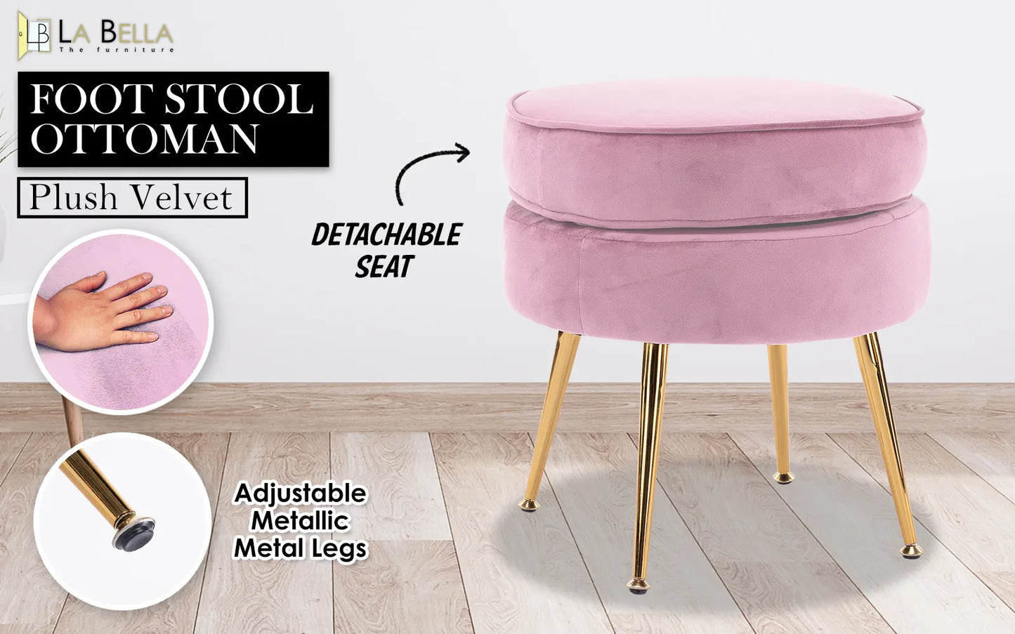Ottoman Foot Stool Velvet Fabric Metal Leg Round PINK - Image 2