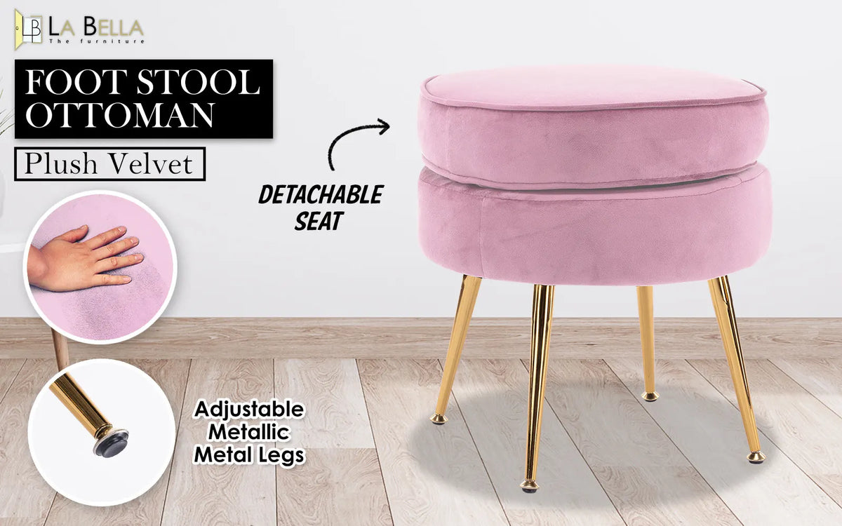 Ottoman Foot Stool Velvet Fabric Metal Leg Round PINK - Image 2