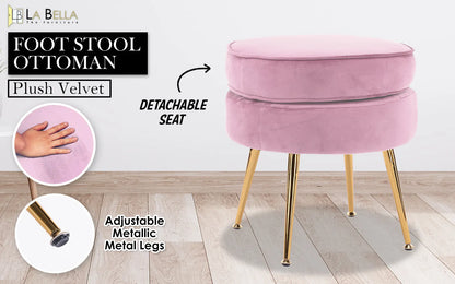 Ottoman Foot Stool Velvet Fabric Metal Leg Round PINK - Image 2
