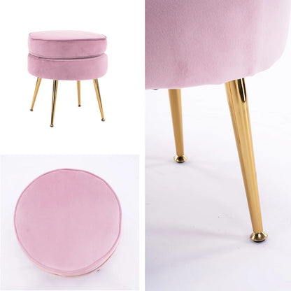 Ottoman Foot Stool Velvet Fabric Metal Leg Round PINK - Image 3