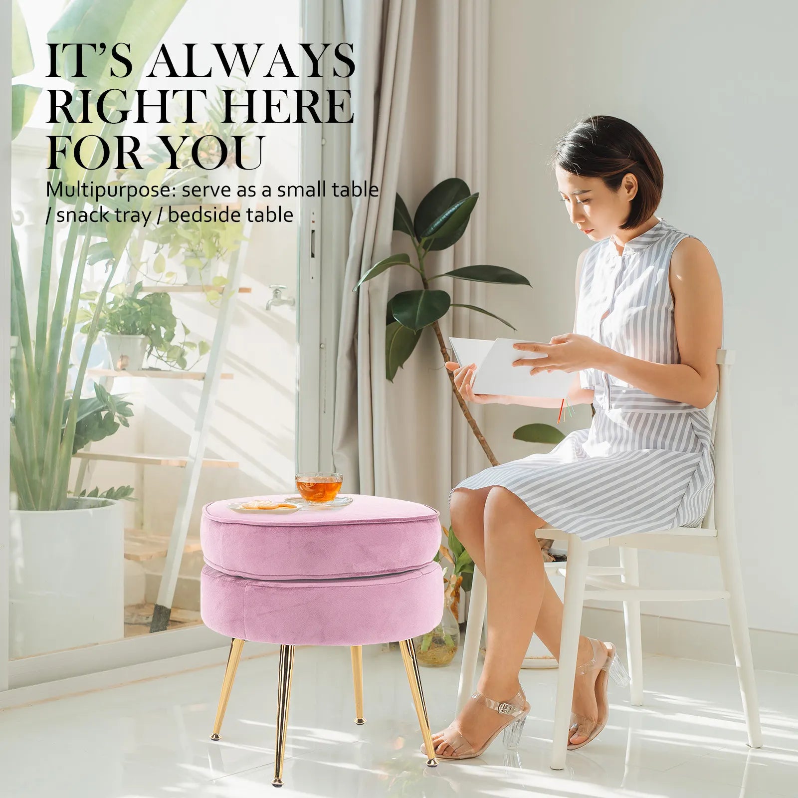 Ottoman Foot Stool Velvet Fabric Metal Leg Round PINK - Image 5