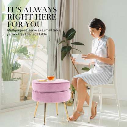 Ottoman Foot Stool Velvet Fabric Metal Leg Round PINK - Image 5