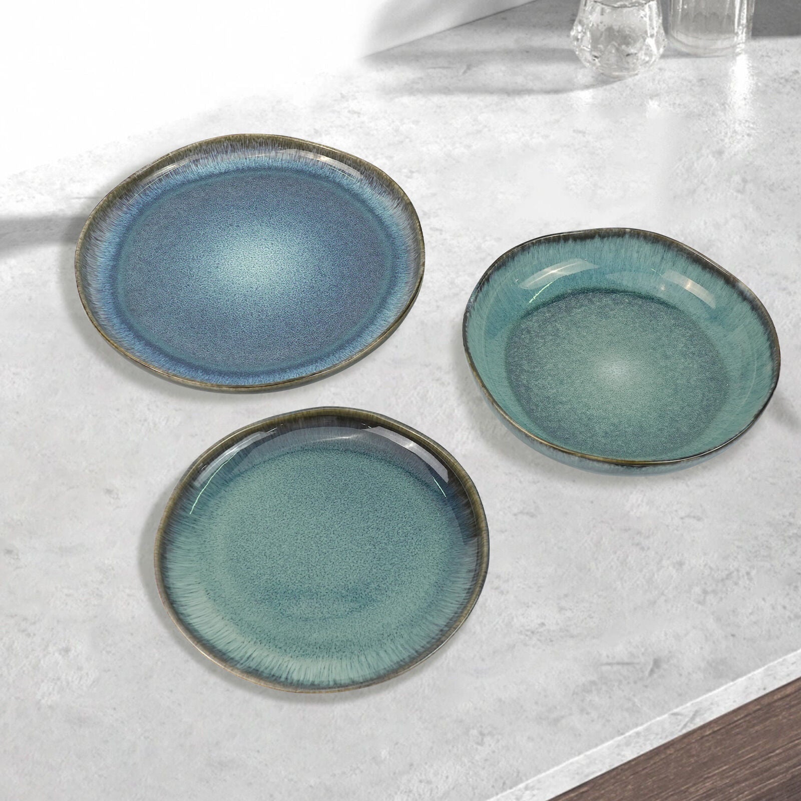 3 Pieces Reactive Glazed Ceramic Organic Fine Dinner Set with Plate and Bowl EARTHY AQUA - Image 2