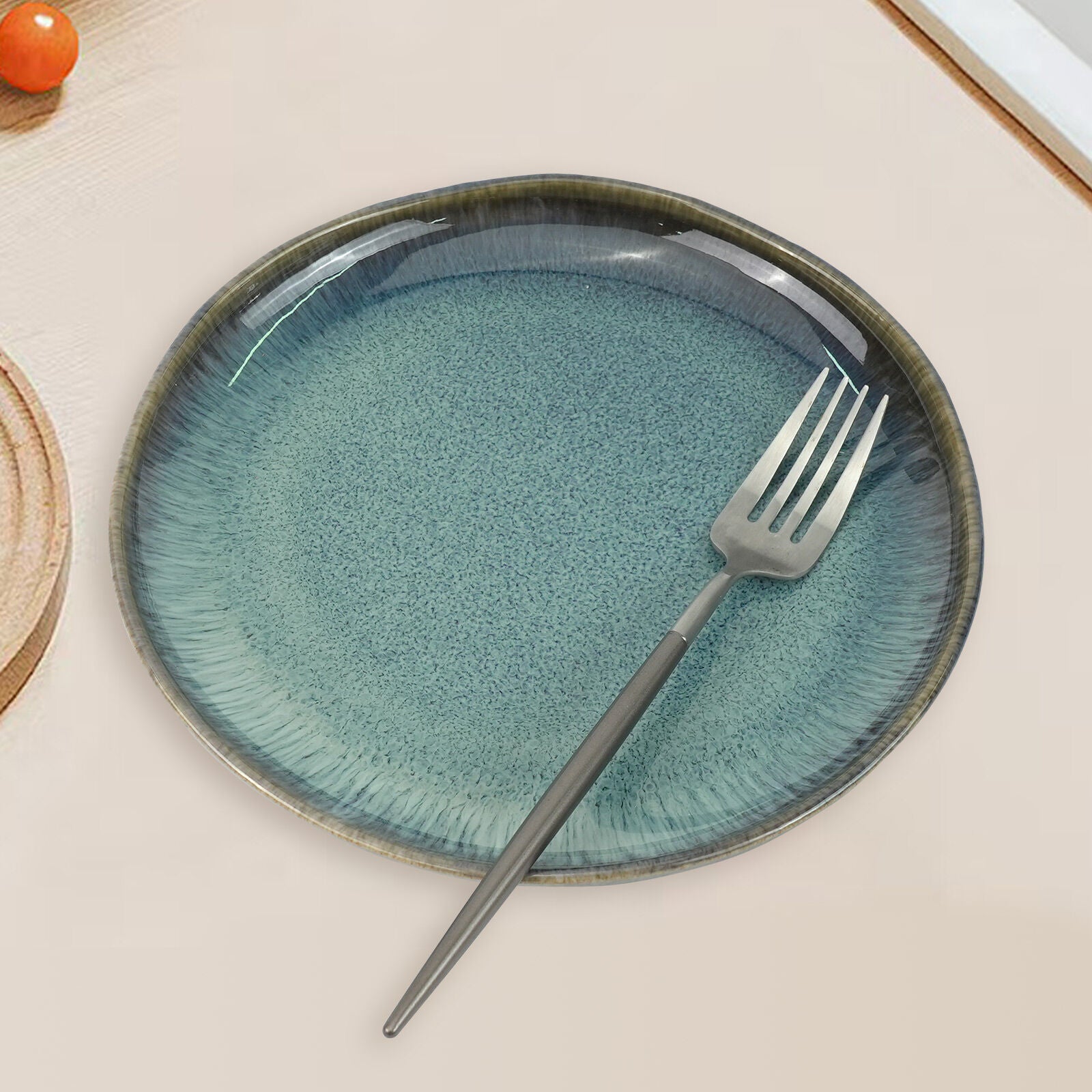 3 Pieces Reactive Glazed Ceramic Organic Fine Dinner Set with Plate and Bowl EARTHY AQUA - Image 4