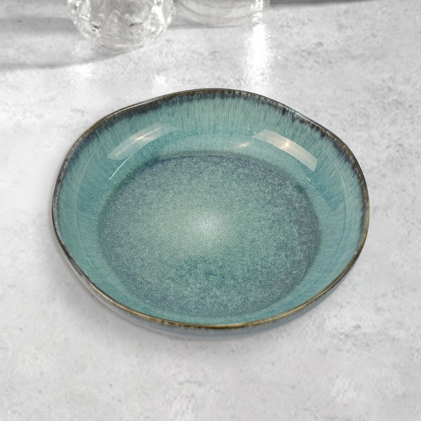 3 Pieces Reactive Glazed Ceramic Organic Fine Dinner Set with Plate and Bowl EARTHY AQUA - Image 5