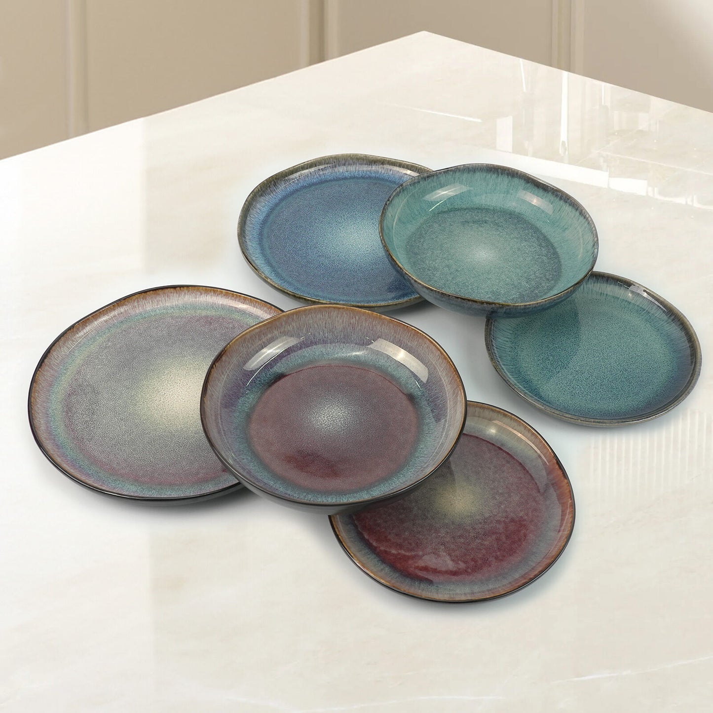 3 Pieces Reactive Glazed Ceramic Organic Fine Dinner Set with Plate and Bowl EARTHY AQUA - Image 9