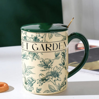2X High-Fired Ceramic Porcelain Mug Set with Lid 400ml Vintage Floral Tea Spoon GREEN - Image 2