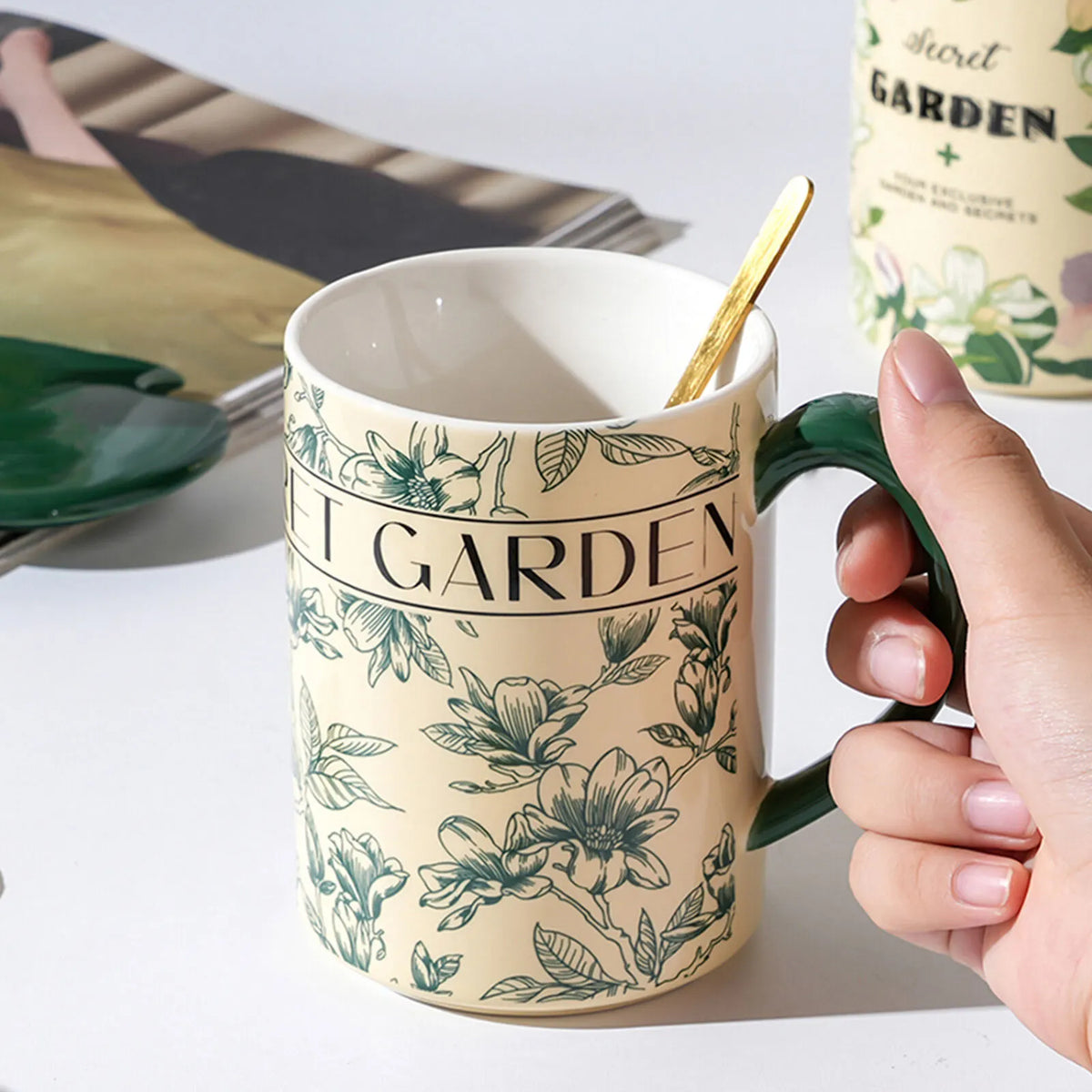 2X High-Fired Ceramic Porcelain Mug Set with Lid 400ml Vintage Floral Tea Spoon GREEN - Image 4