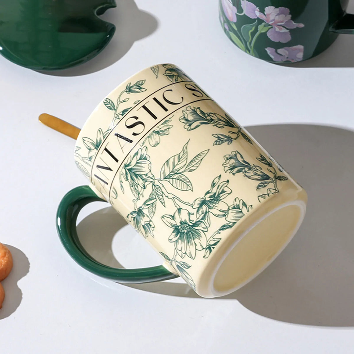2X High-Fired Ceramic Porcelain Mug Set with Lid 400ml Vintage Floral Tea Spoon GREEN - Image 5