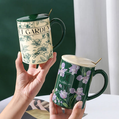 2X High-Fired Ceramic Porcelain Mug Set with Lid 400ml Vintage Floral Tea Spoon GREEN - Image 6