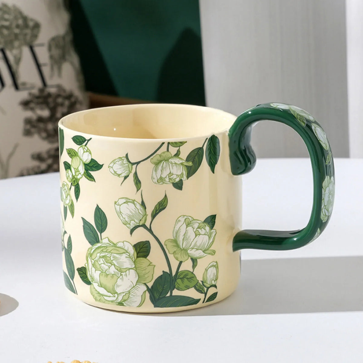 2X High-Fired Ceramic Porcelain Mug Set with Lid 400ml Vintage Floral Tea Spoon GREEN - Image 3