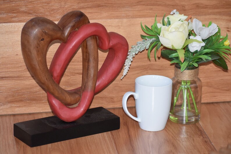 Heart Love Wood Carving Wood Sculpture Acacia Wooden Statue Heart in red 22cm - Image 2