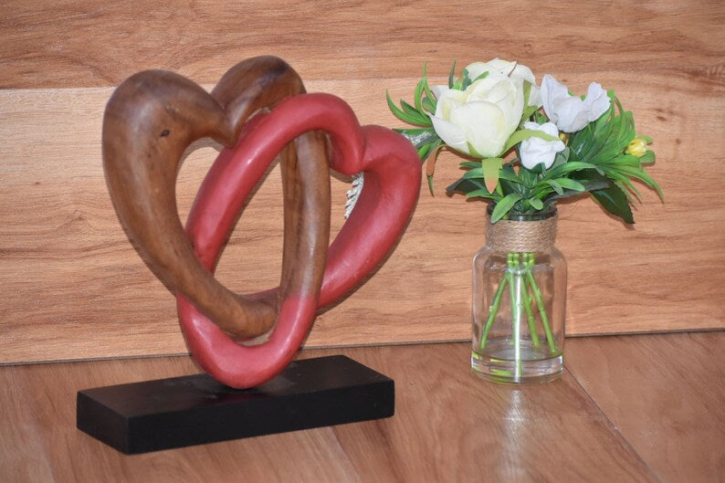 Heart Love Wood Carving Wood Sculpture Acacia Wooden Statue Heart in red 22cm - Image 3