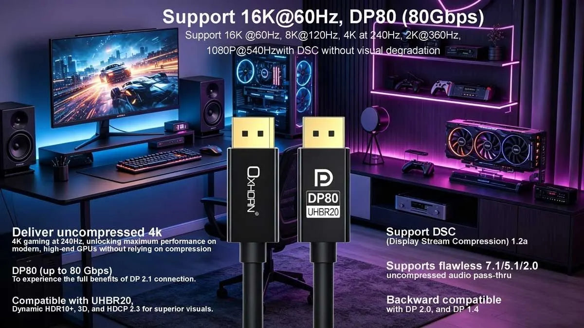 OXHORN CB-DP-16K-01 DisplayPort 2.1 Cable DP80 1m - Image 4