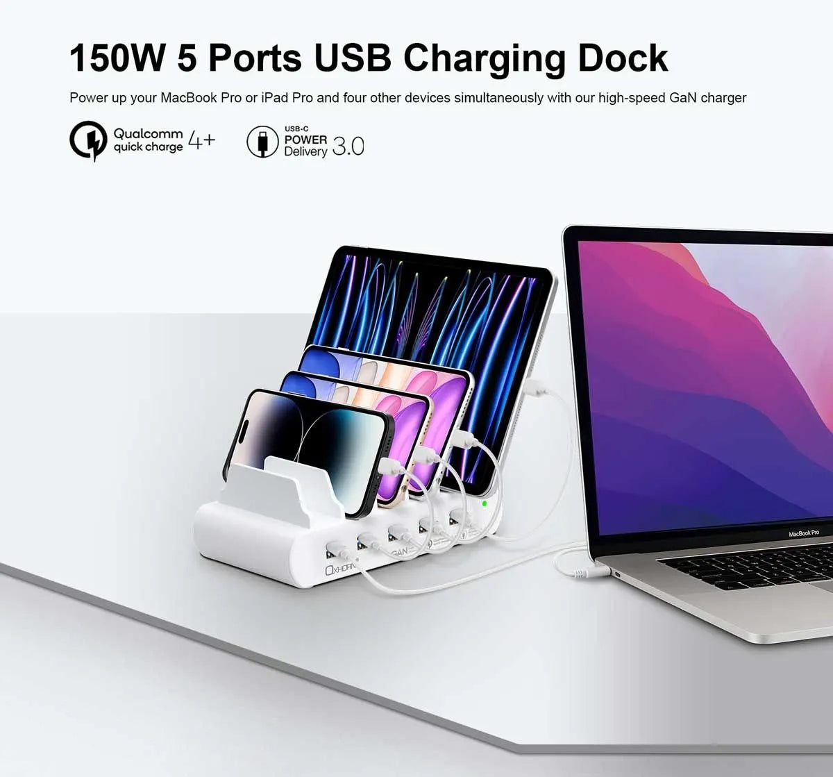 OXHORN NB-PD150D PD 150W 5-Port (5A+5C) Charging Dock with build-in rack - Image 2