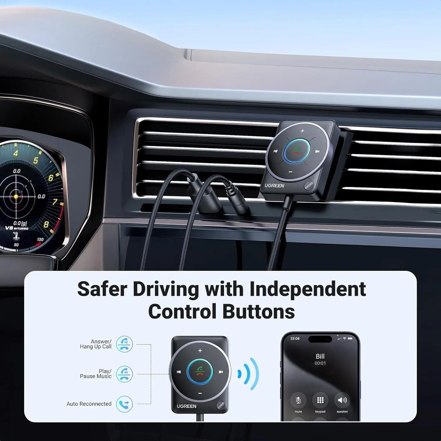 UGREEN 35002 Bluetooth 5.4 Aux Car Adapter (Enhanced Connection & Noise Cancellation) - Image 5
