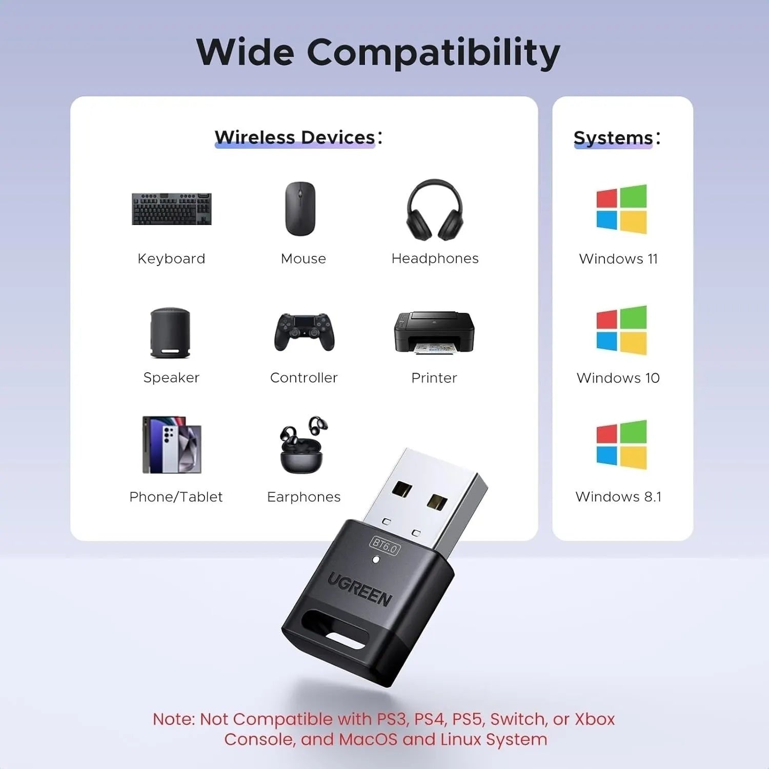 UGREEN 75073 Bluetooth 6.0 USB Dongle Adapter 20m Range, 5 Device Connection, Plug & Play for PC/Laptop - Image 2
