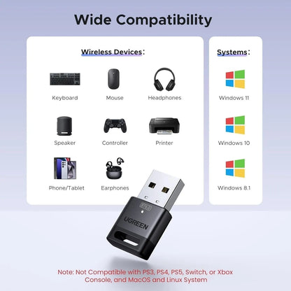 UGREEN 75073 Bluetooth 6.0 USB Dongle Adapter 20m Range, 5 Device Connection, Plug & Play for PC/Laptop - Image 2