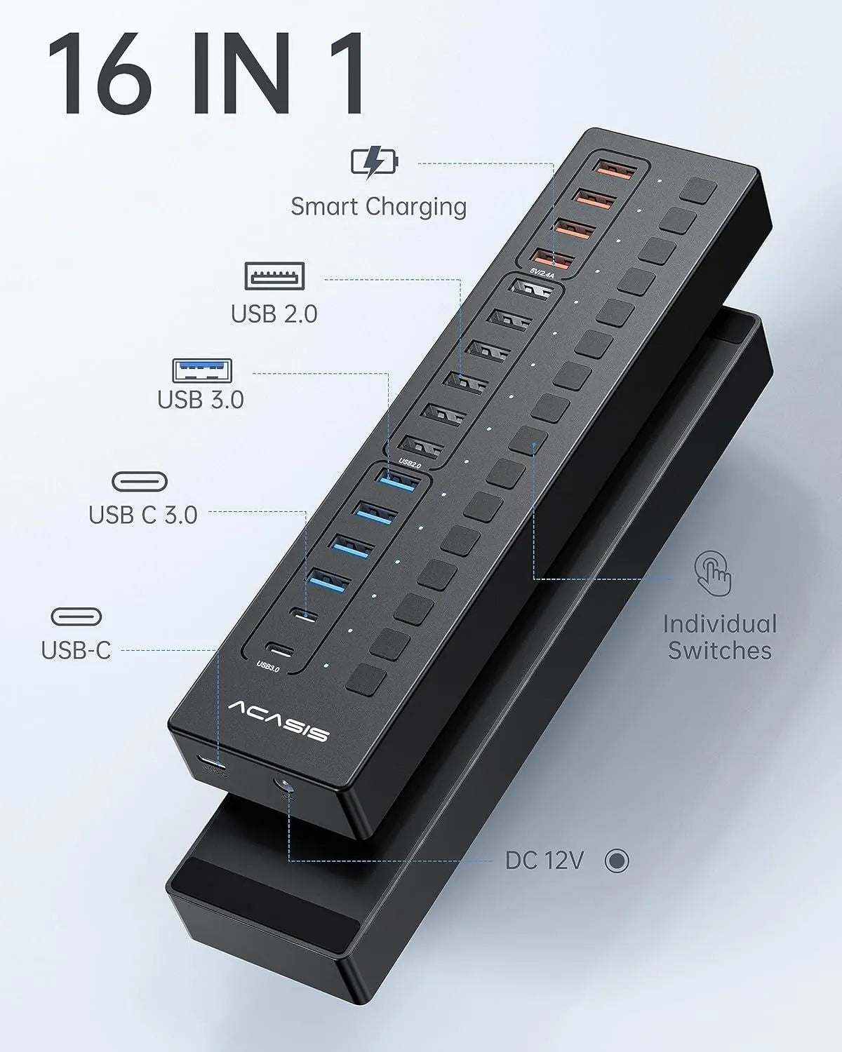 ACASIS DS-516PB 16-Port USB 3.2 Gen1 5Gbps 60W + On-Off Switch 4xUSB3.2 - 5Gbps, 10xUSB-A2.0, 2xUSB-C. 1xDC for Power Supply.