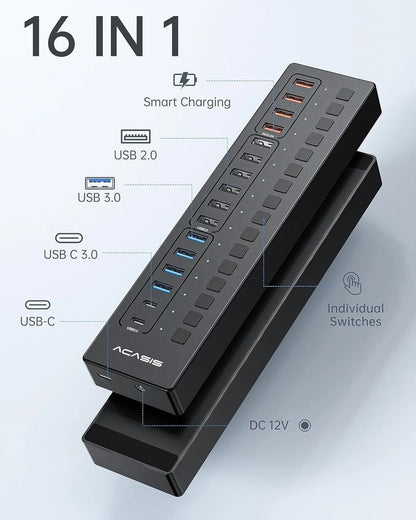 ACASIS DS-516PB 16-Port USB 3.2 Gen1 5Gbps 60W + On-Off Switch 4xUSB3.2 - 5Gbps, 10xUSB-A2.0, 2xUSB-C. 1xDC for Power Supply.