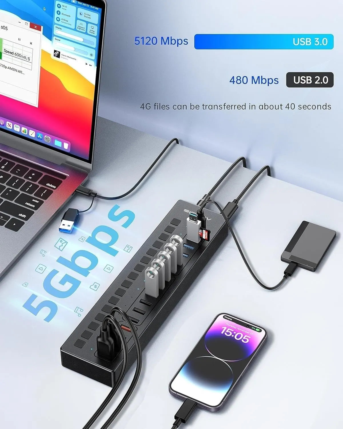 ACASIS DS-516PB 16-Port USB 3.2 Gen1 5Gbps 60W + On-Off Switch 4xUSB3.2 - 5Gbps, 10xUSB-A2.0, 2xUSB-C. 1xDC for Power Supply. - Image 3