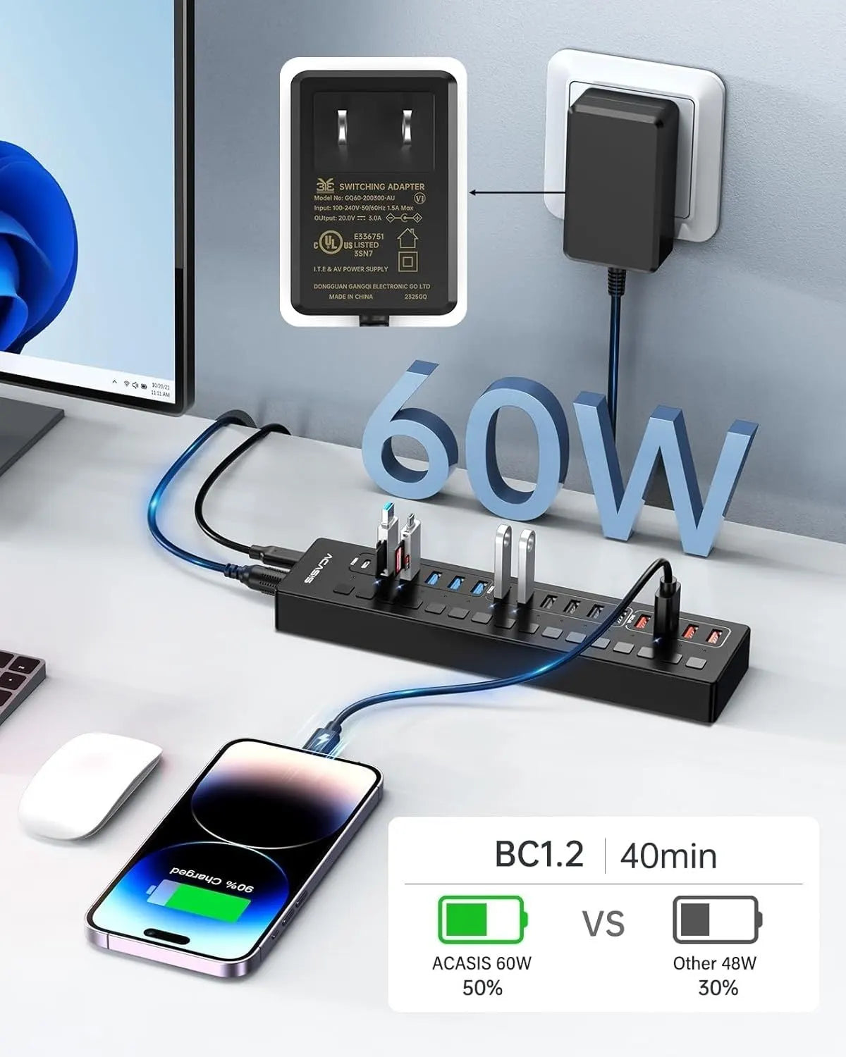 ACASIS DS-516PB 16-Port USB 3.2 Gen1 5Gbps 60W + On-Off Switch 4xUSB3.2 - 5Gbps, 10xUSB-A2.0, 2xUSB-C. 1xDC for Power Supply. - Image 4