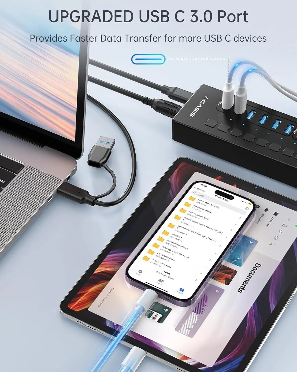 ACASIS DS-516PB 16-Port USB 3.2 Gen1 5Gbps 60W + On-Off Switch 4xUSB3.2 - 5Gbps, 10xUSB-A2.0, 2xUSB-C. 1xDC for Power Supply. - Image 5