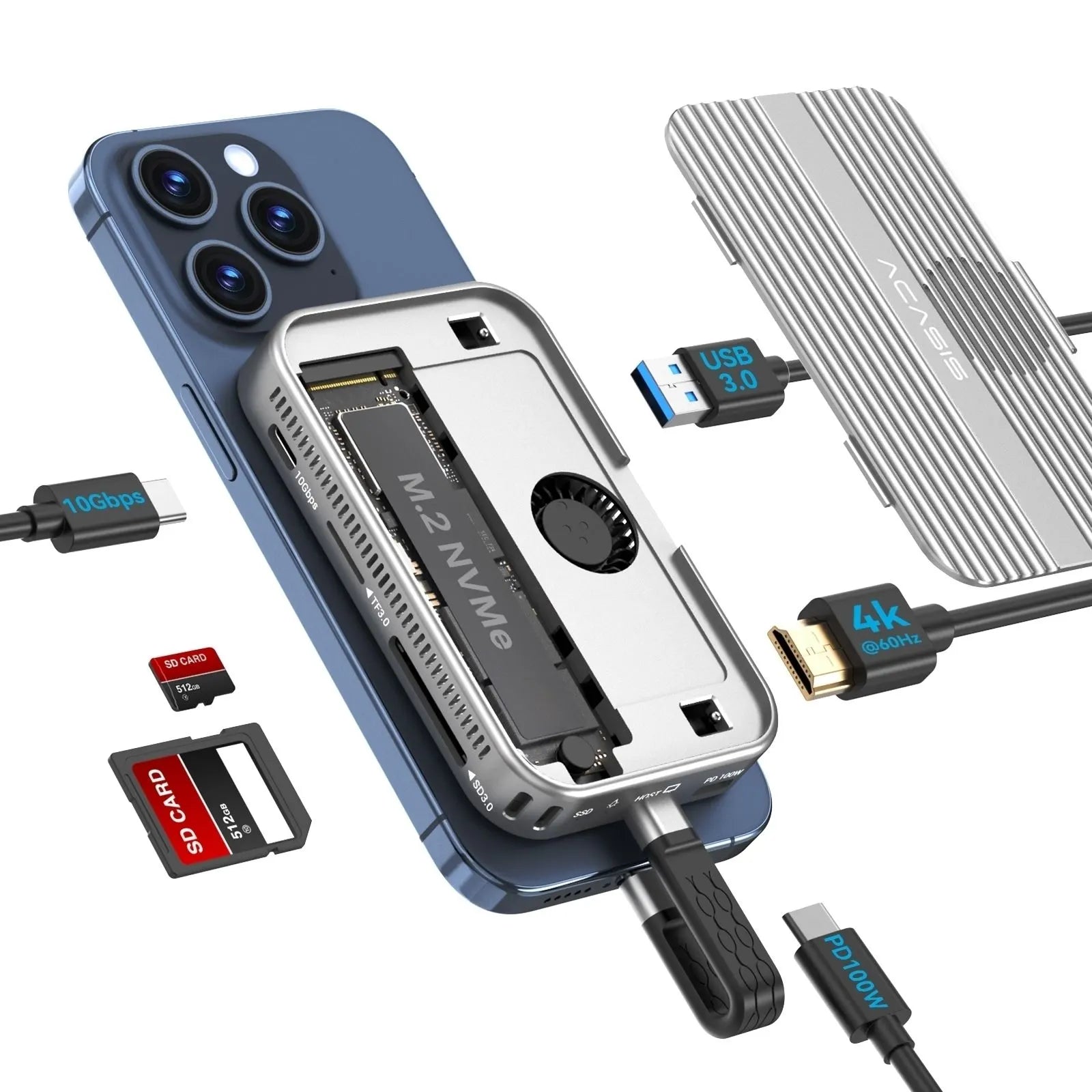 ACASIS EC1401 SSD+ 6-in-1 USB-C Docking Hub 10Gbps HDMI 4K 60Hz, USB-A, USB-C, PD, SD/TF Magnetic for I-phone 12-17