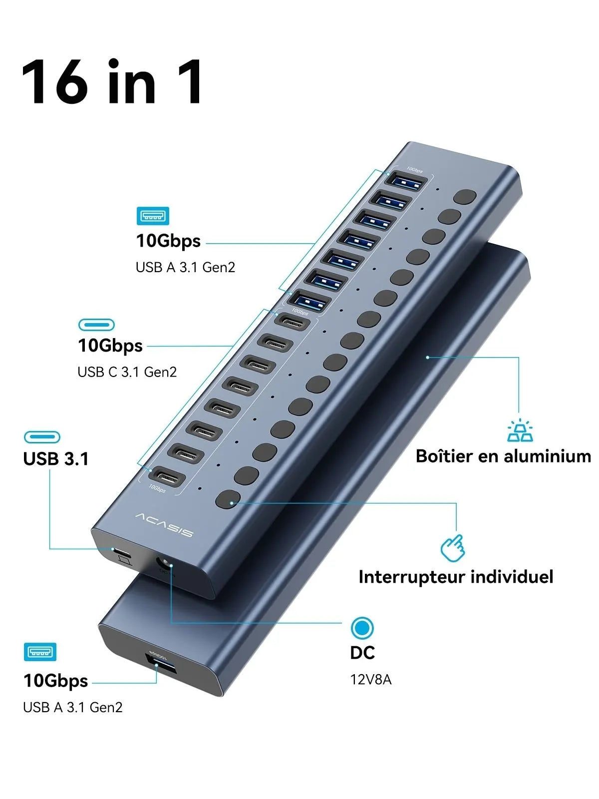 ACASIS HB16PRO 16-Port USB 3.2 10Gbps 12V/8A Powered 8 x USB-A + 8 x USB-C Docking Hub for PC & Laptop