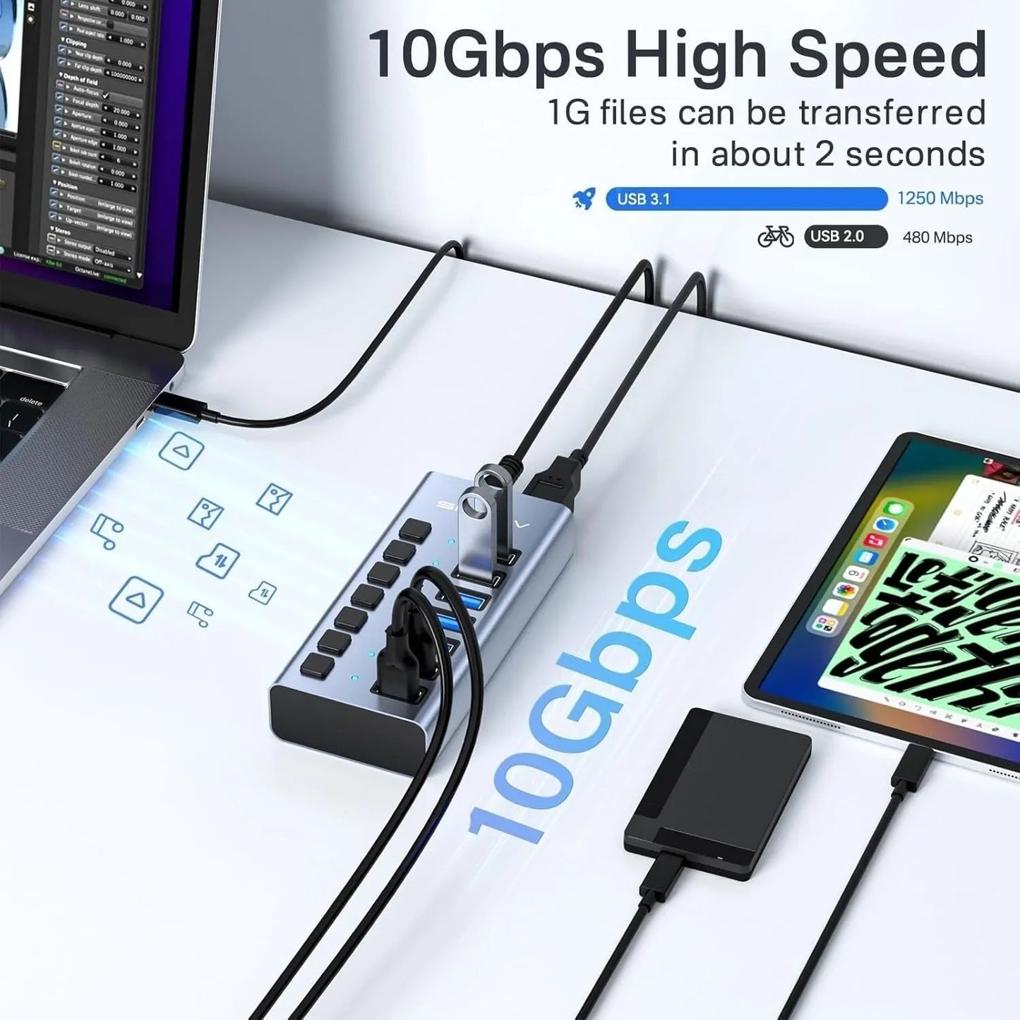 ACASIS HS-707MG-10G 7-in-1 USB 3.2 Gen2 10Gbps Docking Hub w AC for PC Laptop - Image 3