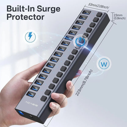 ACASIS HS-716MG USB 3.2 Gen2 10Gbps 12V/8A 16 Port USB-A + On/Off Switch with AC Power Adapter for PC & Laptop - Image 3