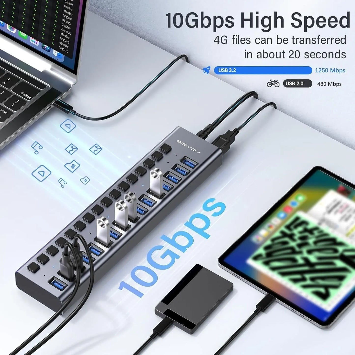 ACASIS HS-716MG USB 3.2 Gen2 10Gbps 12V/8A 16 Port USB-A + On/Off Switch with AC Power Adapter for PC & Laptop - Image 4