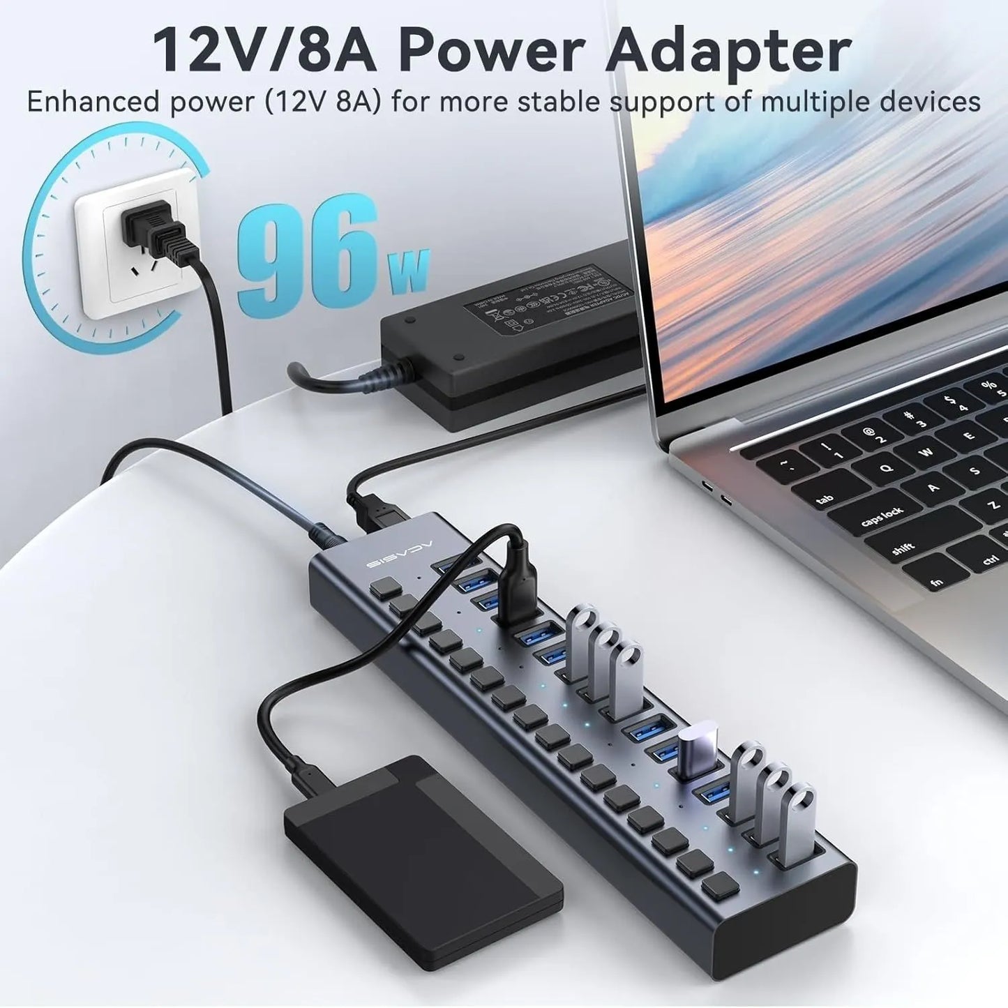 ACASIS HS-716MG USB 3.2 Gen2 10Gbps 12V/8A 16 Port USB-A + On/Off Switch with AC Power Adapter for PC & Laptop - Image 6