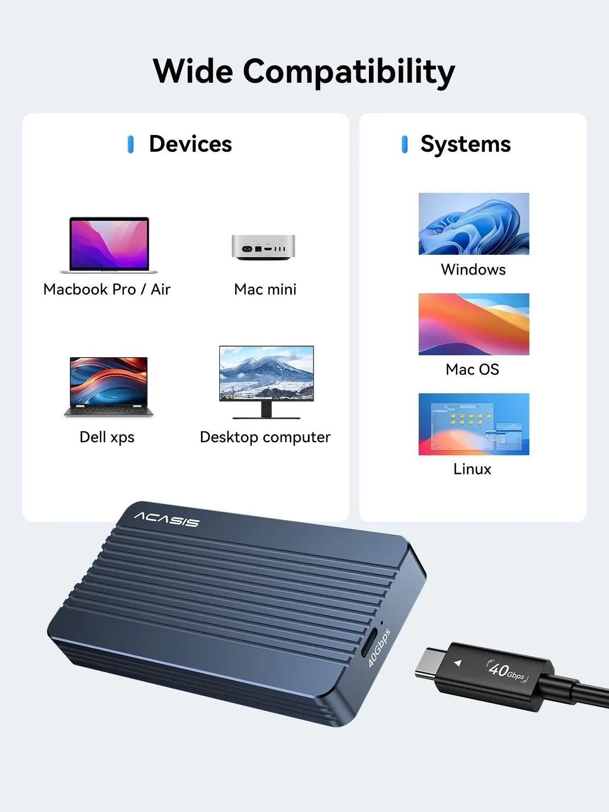 ACASIS TBU405Air USB4 40Gbps M.2 NVMe SSD Enclosure PCIe External Case Compatible with USB4/USB3.2/3.1/3.0/2.0 - Image 4