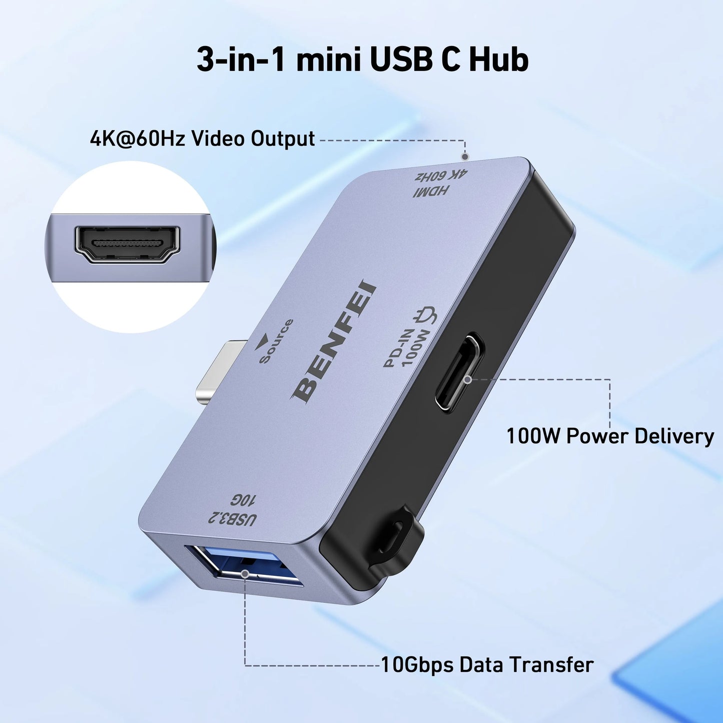BENFEI 000391GY USB C to HDMI 4K@60Hz, 10Gbps USB-A, 100W Power Delivery - Image 4
